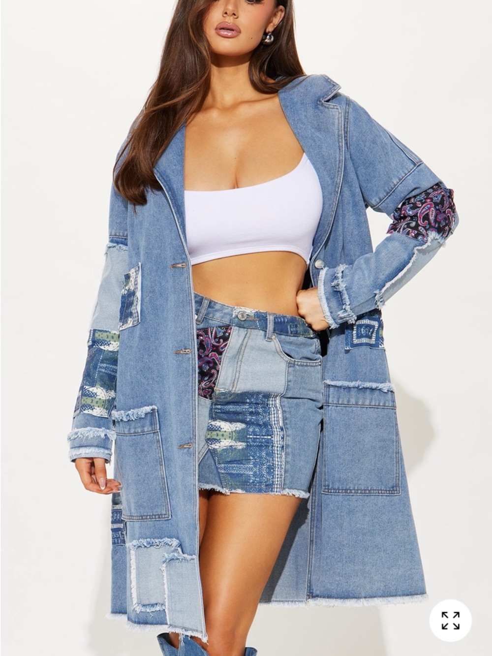 Fashion Nova Medium Wash Paisley Patchwork Denim Mini Skirt & Long Jacket Set